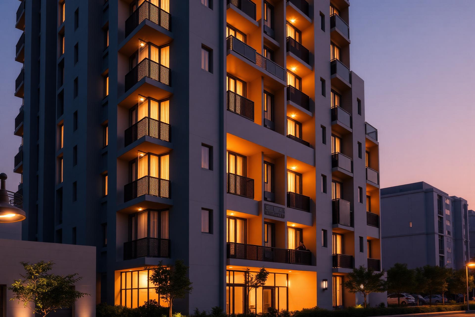Modern luxury apartment building at dusk